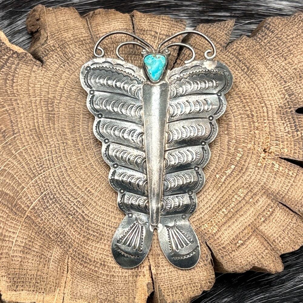 1930s Native American NAVAJO Sterling Silver & Turquoise Elongated Butterfly Pin